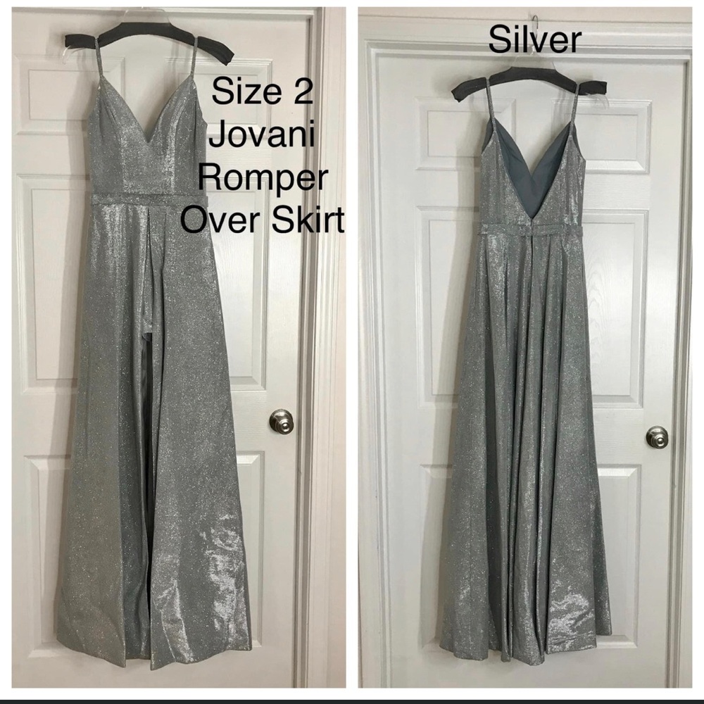 Jovani Shimmering Silver Romper with Overskirt